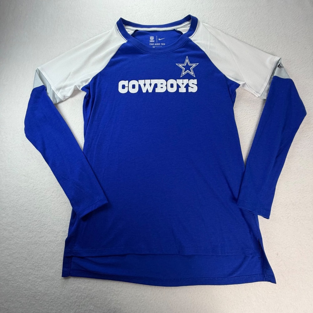 Nike Dallas Cowboys Dri-FIT Long Sleeve Shirt Womens Med Blue White Thumbholes